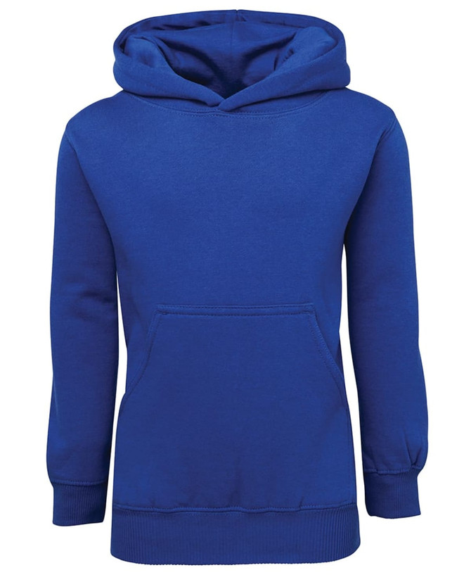A vibrant blue fleecy hoodie featuring a front pocket and a hood, perfect for kids. It has a logo present.