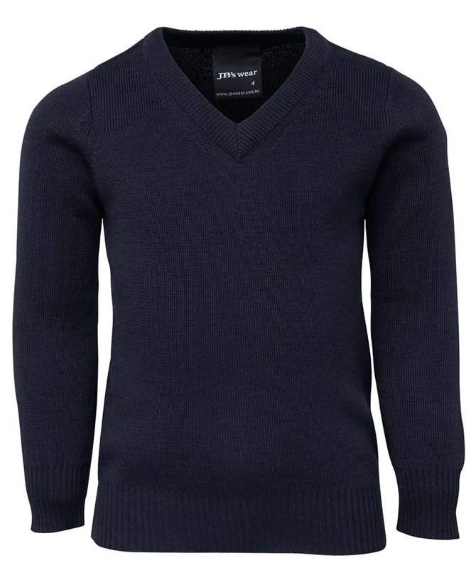 A knitted jumper in navy blue featuring a v-neck design and long sleeves. Includes a brand logo.
