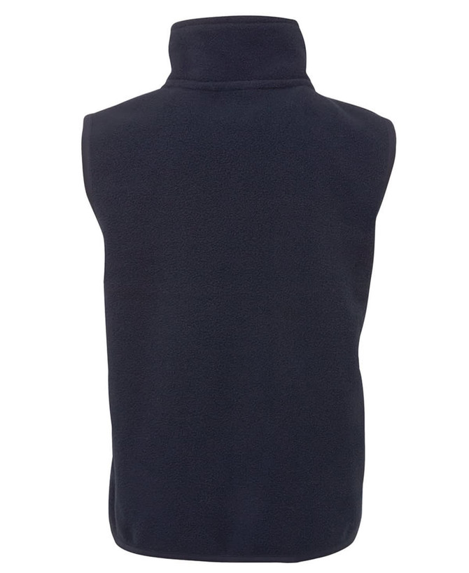 A navy polar vest for kids, featuring a high collar and a sleeveless design. The back view highlights its soft texture.