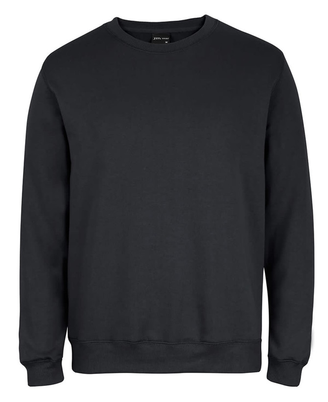 A black jumper sweater featuring a round neckline and long sleeves, with a logo near the neckline.