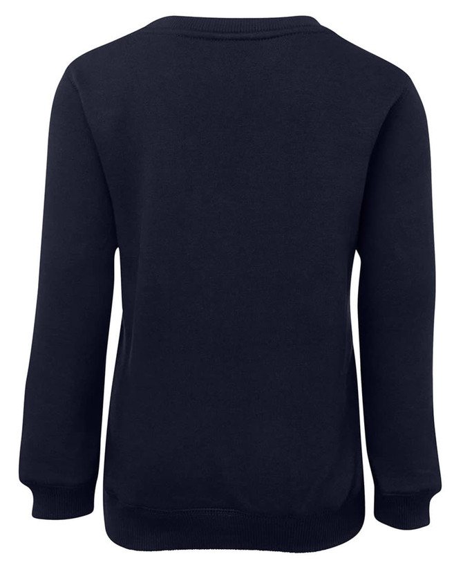 A navy blue jumper with long sleeves and a crew neckline, featuring a solid back. It includes a logo.