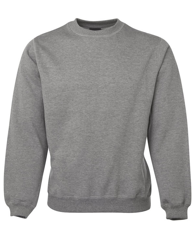 A grey sweater with a round neckline and ribbed cuffs and hem, featuring a branding logo.