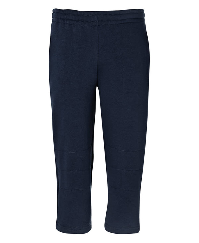 Navy track pants featuring a comfortable waistband and cropped length. Includes a logo on the side.