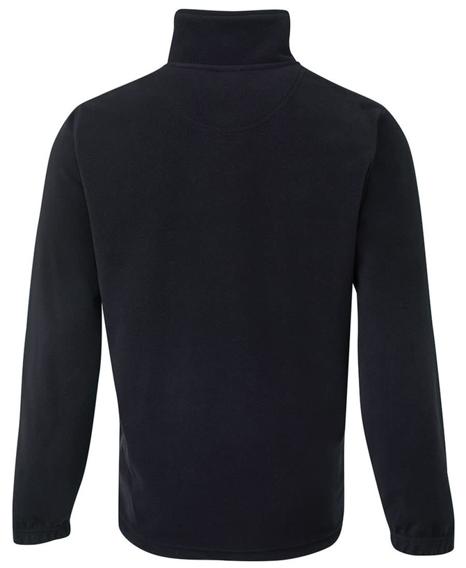 A black polar fleece jumper featuring a half zip and a high collar. Includes a logo on the garment.