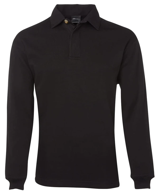 A black long-sleeve rugby shirt with a collared neck and a button. The shirt features a logo on one side.