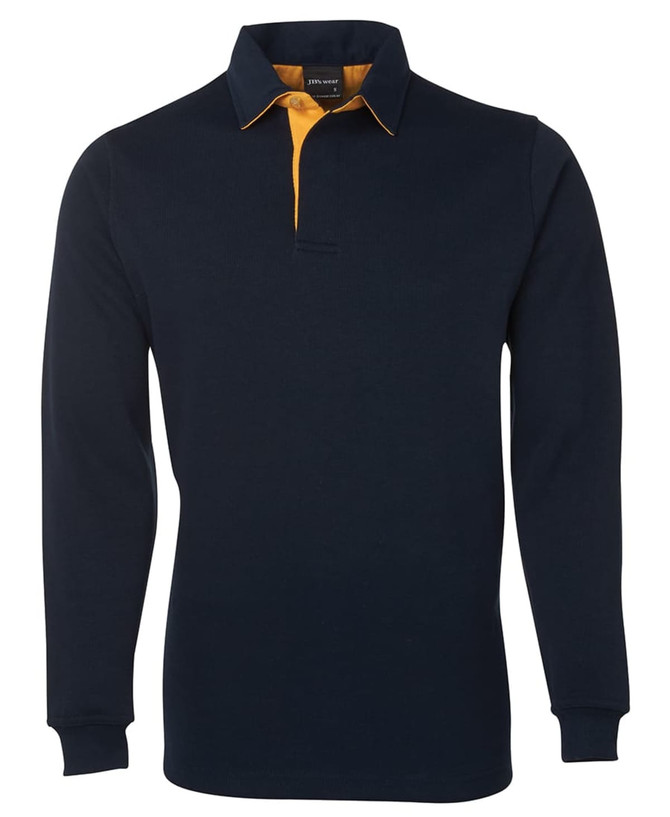 A navy blue rugby shirt with a contrasting orange collar. Features long sleeves and a branding logo.