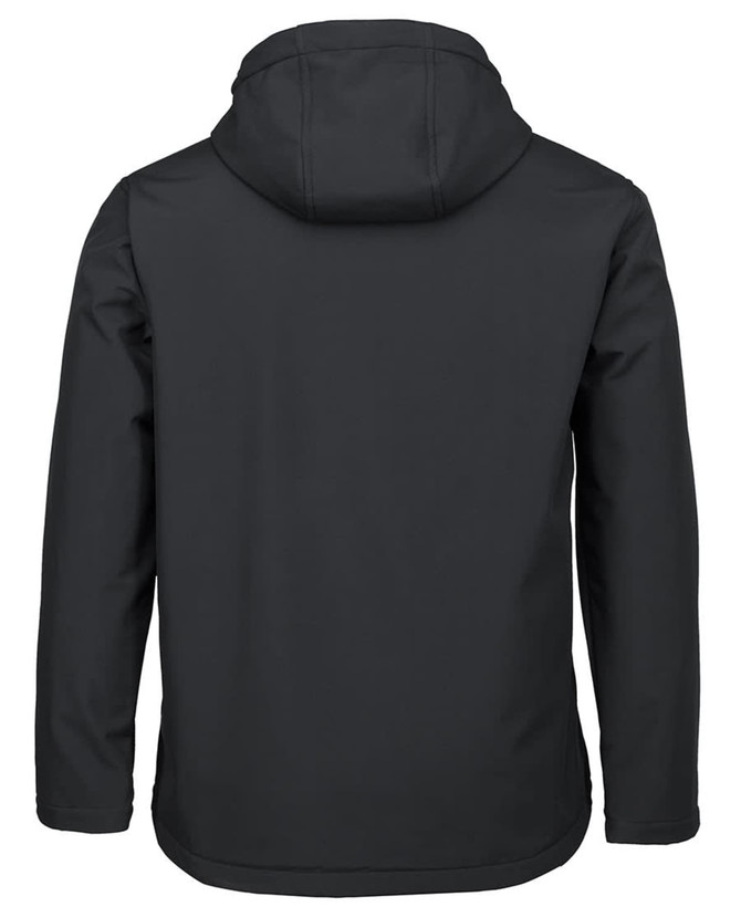 A black three-layer hooded softshell jacket, featuring a simple design and a hood at the back. It has a logo.