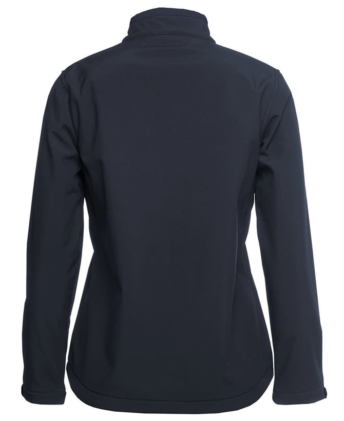A black three-layer softshell jacket with a high collar and a smooth back design, featuring a logo.