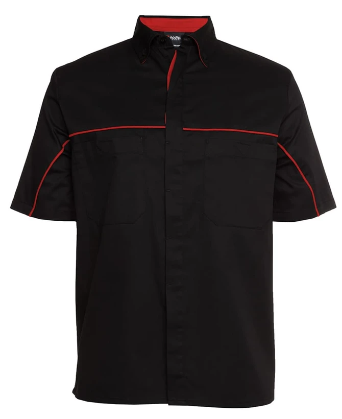 A black and charcoal button-up shirt with red piping and two front pockets, featuring a logo.
