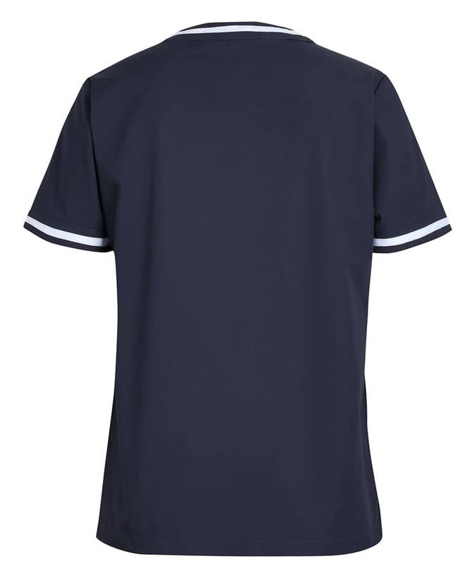 A navy scrub top with white contrast stripes on the sleeves, featuring a simple design and a back view.