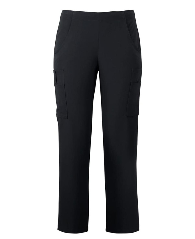 A pair of black cargo pants featuring side pockets and a comfortable fit. Includes a logo on the waistband.