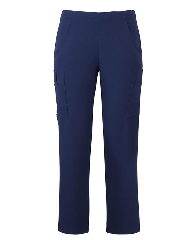 Navy cargo pants with pockets, featuring a relaxed fit and a logo on the side. Ideal for casual or workwear settings.