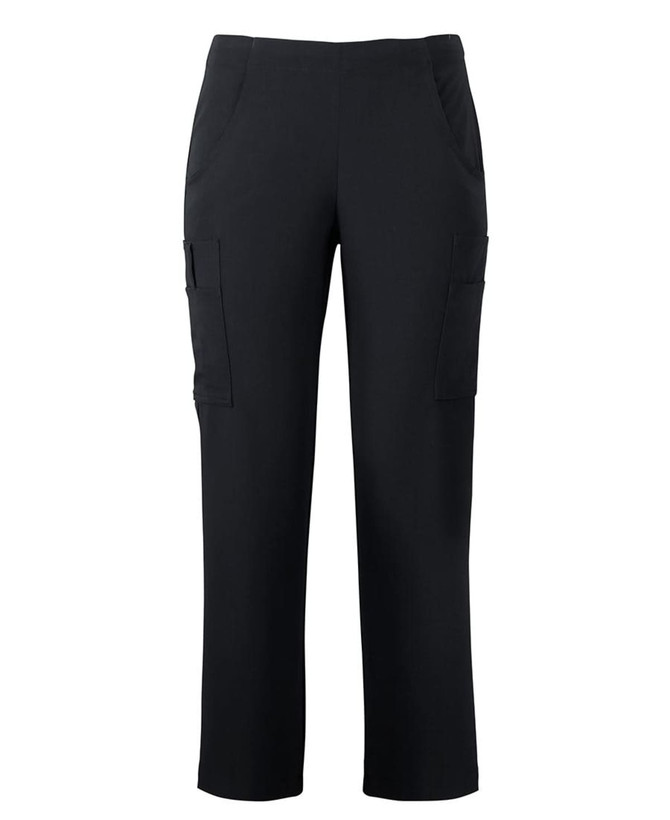 A pair of black cargo pants with side pockets, featuring a comfortable fit and a simple design.