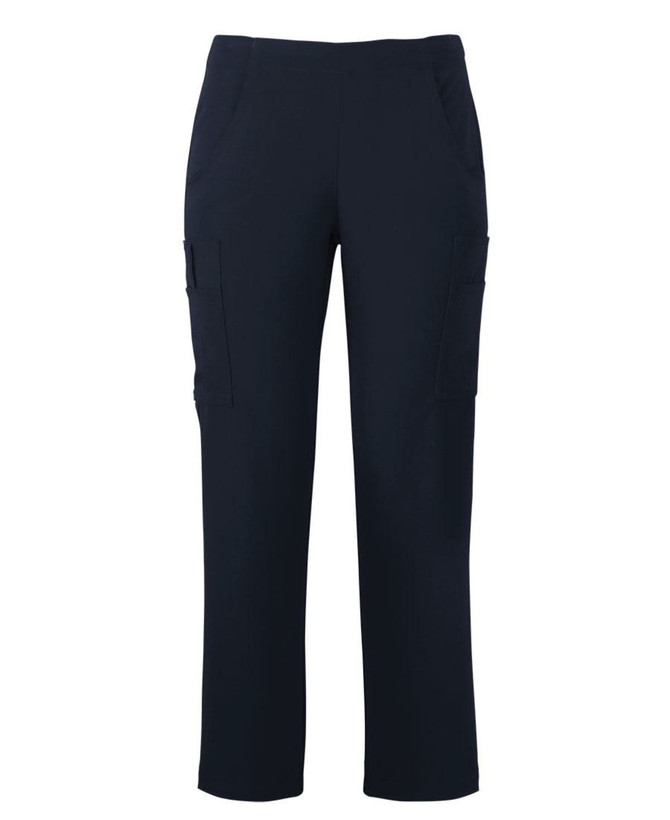 A pair of navy cargo pants featuring side pockets and a comfortable fit. Includes a logo on the design.