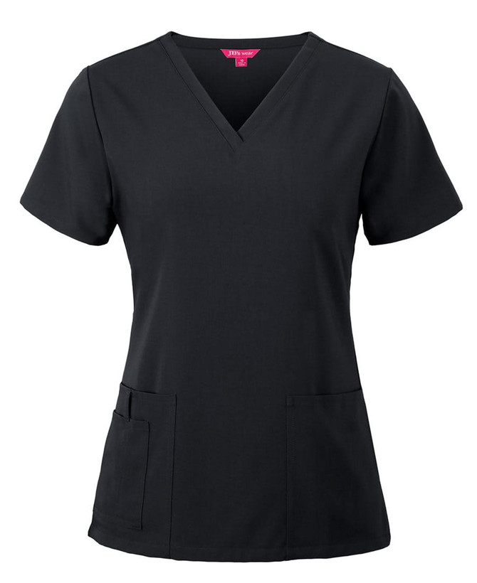 A black scrub top with a v-neck and short sleeves, featuring two front pockets. The design includes a branding logo.