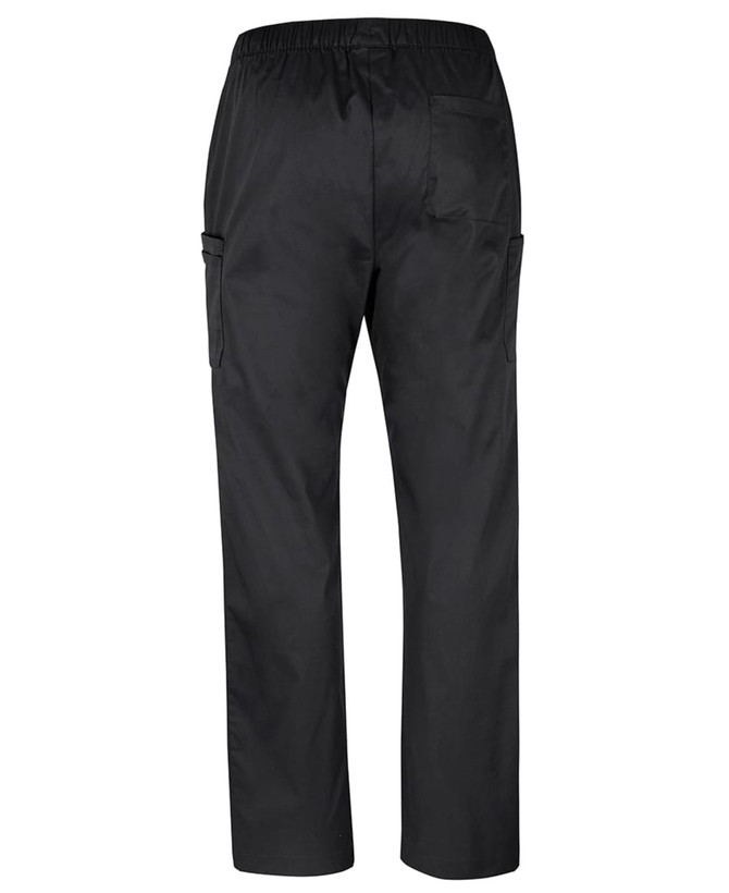 A pair of black unisex premium scrubs cargo pants with an elastic waistband and multiple pockets.