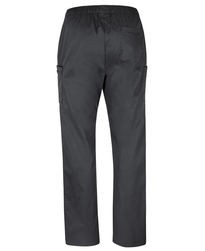 A pair of black unisex cargo scrub pants with a relaxed fit and multiple pockets.