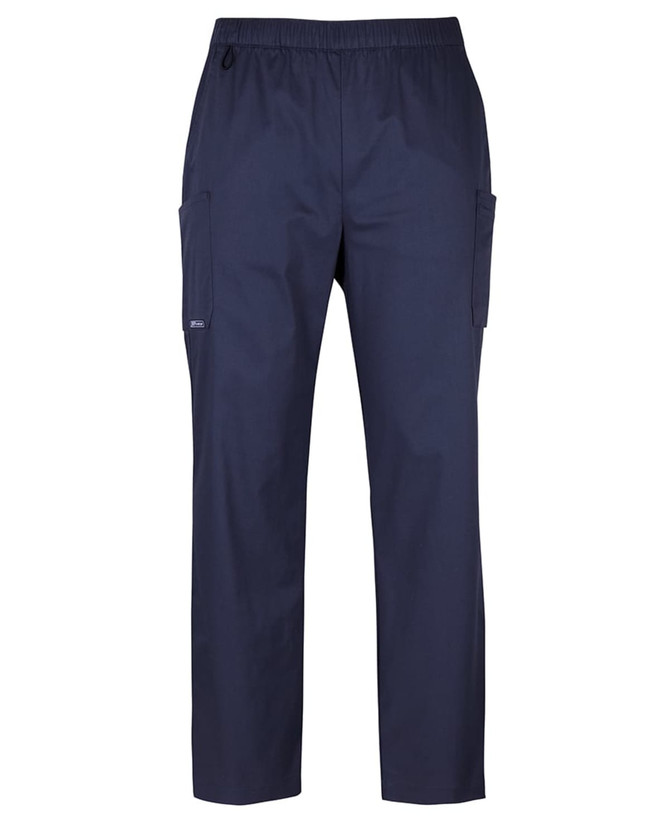 Navy unisex cargo pants with an elastic waistband and side pockets, featuring a logo. Suitable for scrub bottoms.