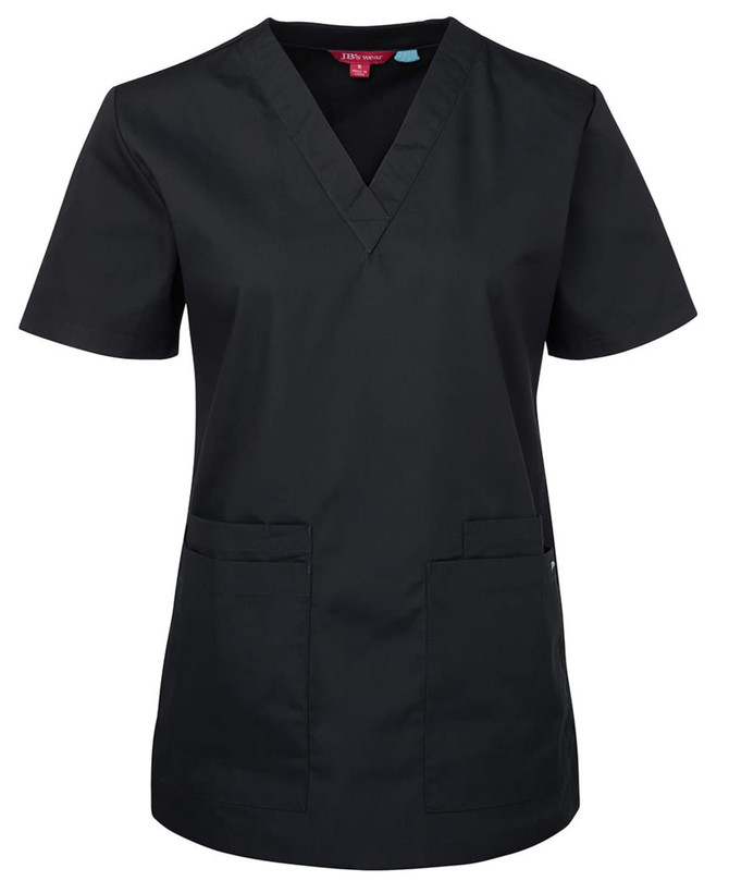 A black ladies' scrub top with short sleeves, v-neckline, and two front pockets. It features a logo.
