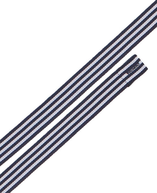 A navy and light blue striped cross back apron strap with a logo. Suitable for workwear use.