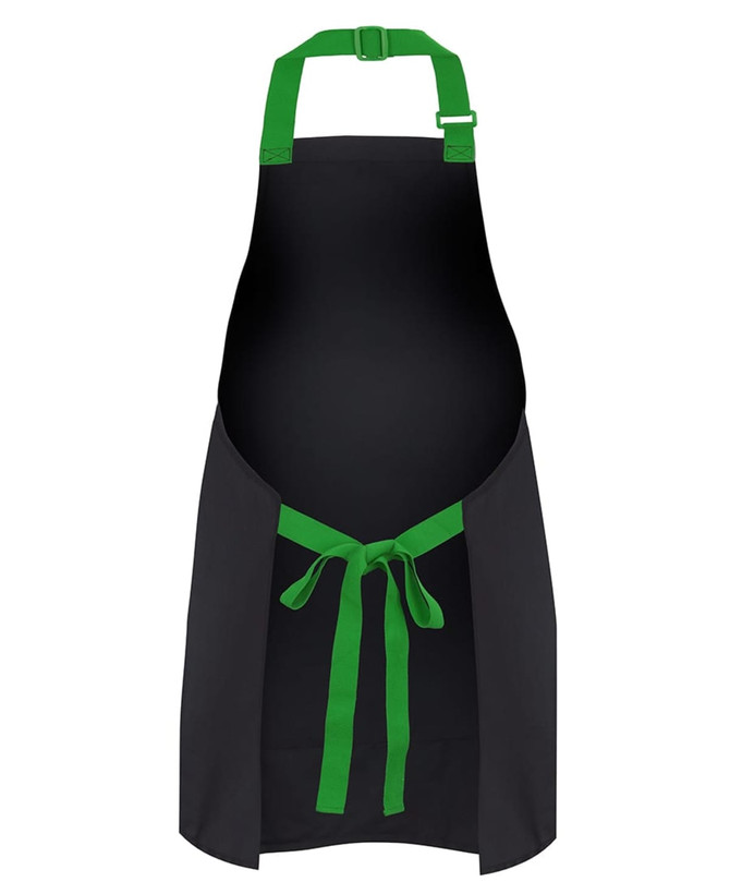 A black apron with green colour straps, featuring a waist tie and adjustable neck strap. It includes a logo.