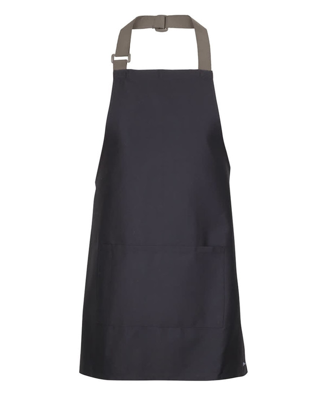 A black apron with colour straps and a front pocket, featuring a logo.