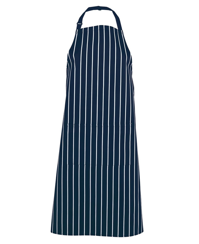 A navy striped apron featuring a logo, designed for workwear with a simple, professional look.