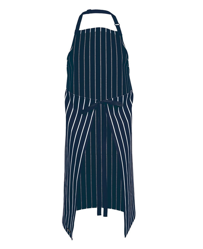 A navy and white striped apron with a tie waist and a neck loop, featuring a logo.