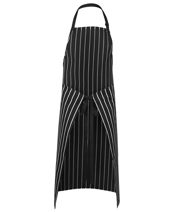 A black and white striped apron with a tie and no pocket, featuring a logo. Suitable for workwear purposes.