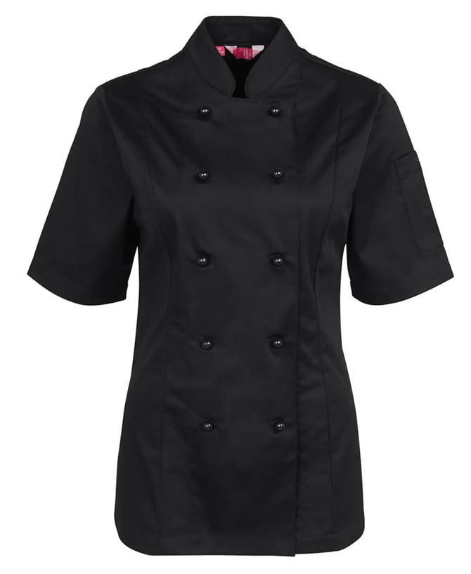 A black ladies' short-sleeve chef's jacket with double-breasted buttons and a single sleeve pocket.