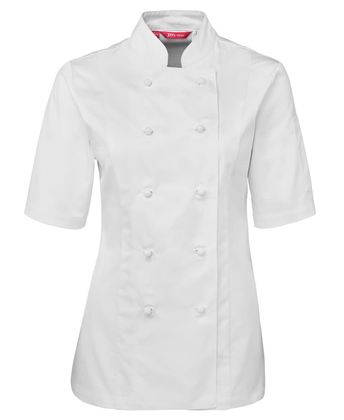 White short-sleeve chef's jacket for ladies with a double-breasted design and a branded logo.