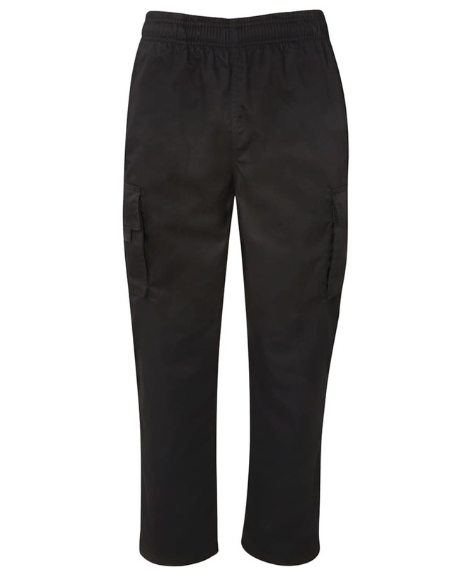 Elasticated cargo pants in black featuring side pockets. Designed for comfort with an elastic waistband.