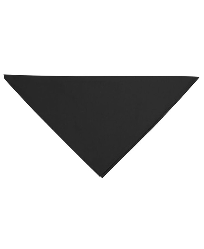 A triangular black scarf with a simple design, made for culinary use. It features a logo.