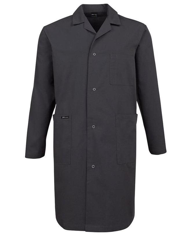 A dark grey lab coat with a collar, buttons, and a chest pocket, featuring a logo on the front.