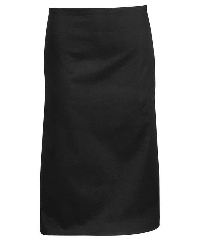 A black apron featuring a smooth, plain design and a logo. Suitable for workwear use.