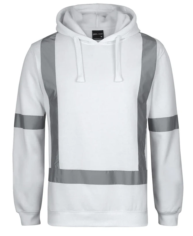 A white fleece hoodie featuring reflective tape details and a front pocket, with a logo on the label.