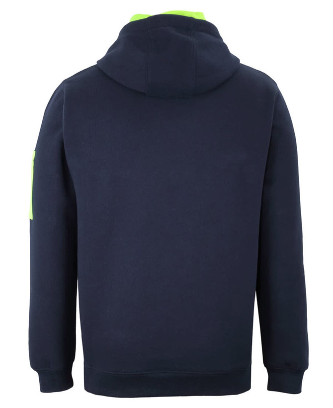A dark navy hoodie with a bright green hood and one sleeve, featuring a logo on the sleeve.