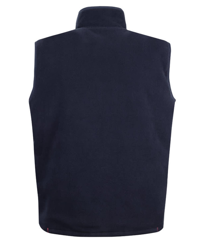 A navy vest featuring a high collar and a simple design, suitable for safety wear. Includes a logo on the fabric.