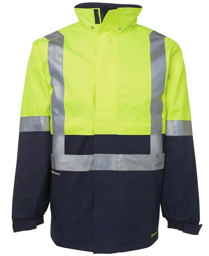Lime and navy work jacket featuring reflective strips and a collar, designed for visibility and safety.