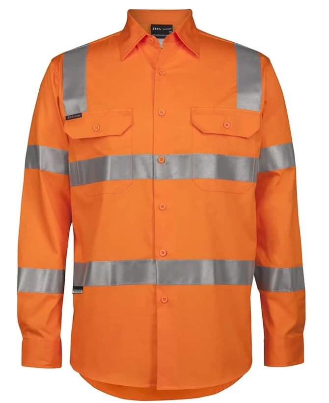 An orange long-sleeve work shirt with silver reflective strips and two front pockets, featuring a logo.