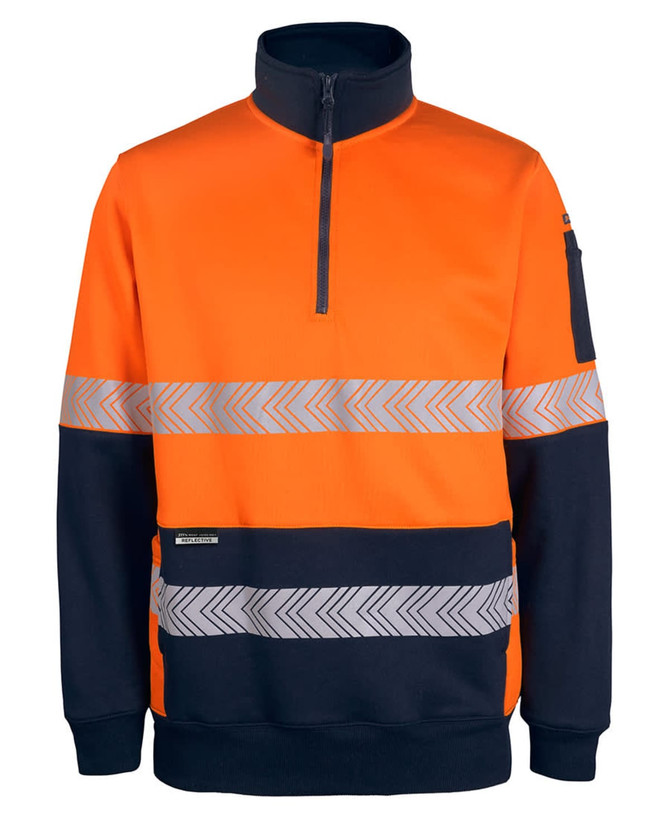 A segmented tape fleece jumper in orange and navy, featuring a half zip and reflective stripes. Includes a logo.