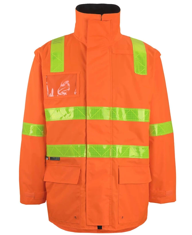 An orange work jacket featuring reflective green strips and a pocket, designed for visibility and safety.