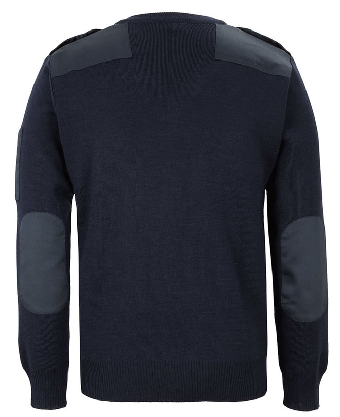 A navy knitted jumper featuring dark shoulder patches and elbow details, complemented by a small logo.