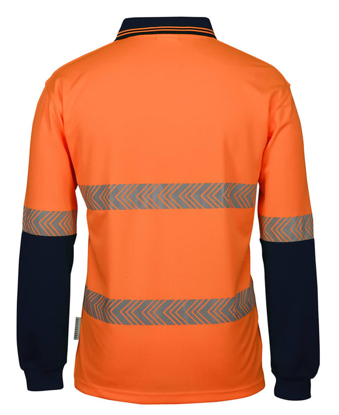 Long-sleeved polo shirt in orange and navy, featuring segmented reflective stripes and a collar. Includes branding.
