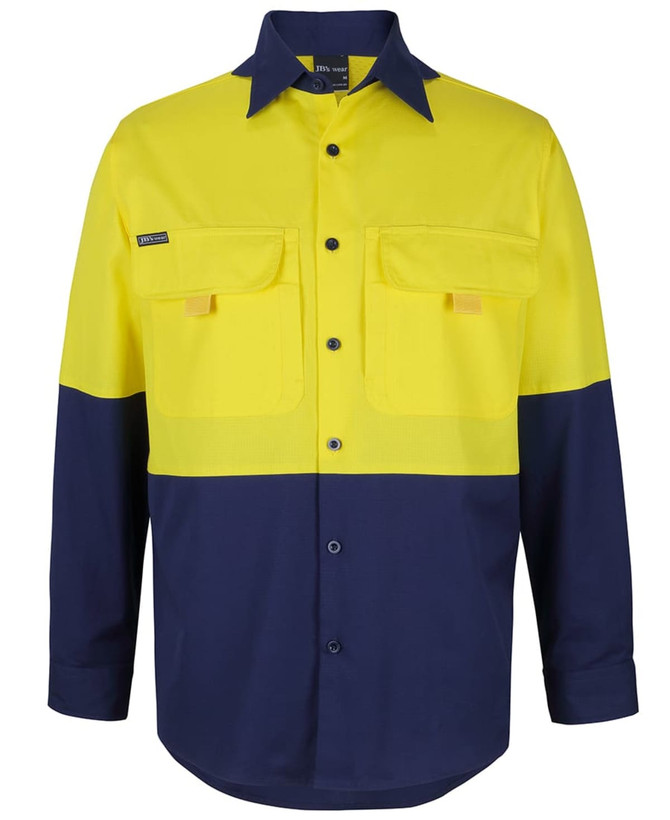A long-sleeved, ripstop fishing shirt in high-visibility yellow and navy blue, featuring two front pockets and a logo.