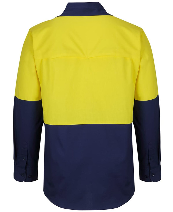 A long-sleeved fishing shirt in yellow and navy with a back design and a visible logo.