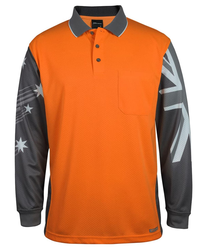 An orange polo shirt with long grey sleeves featuring a design and a chest pocket. It includes a logo.