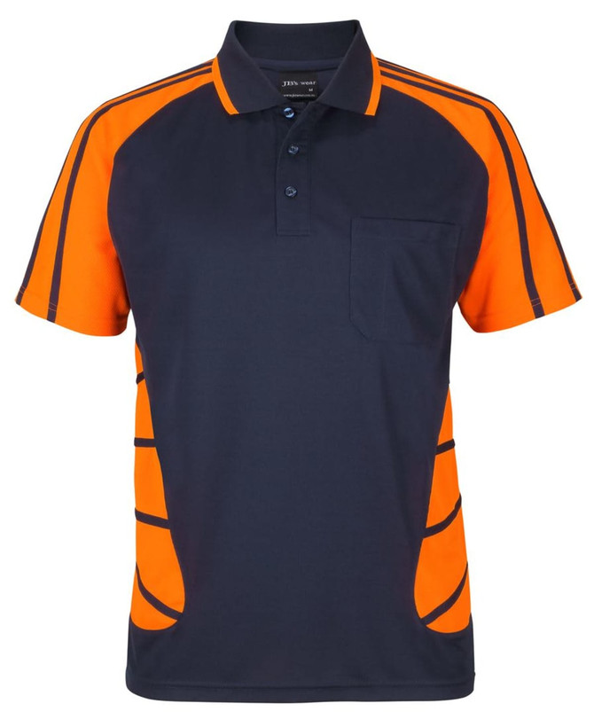 A navy blue polo shirt with orange accents and detailing, featuring a collar and a front pocket. It has a logo.