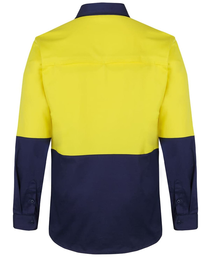 A long-sleeved work shirt in high-visibility yellow and navy blue, featuring a logo on the back.