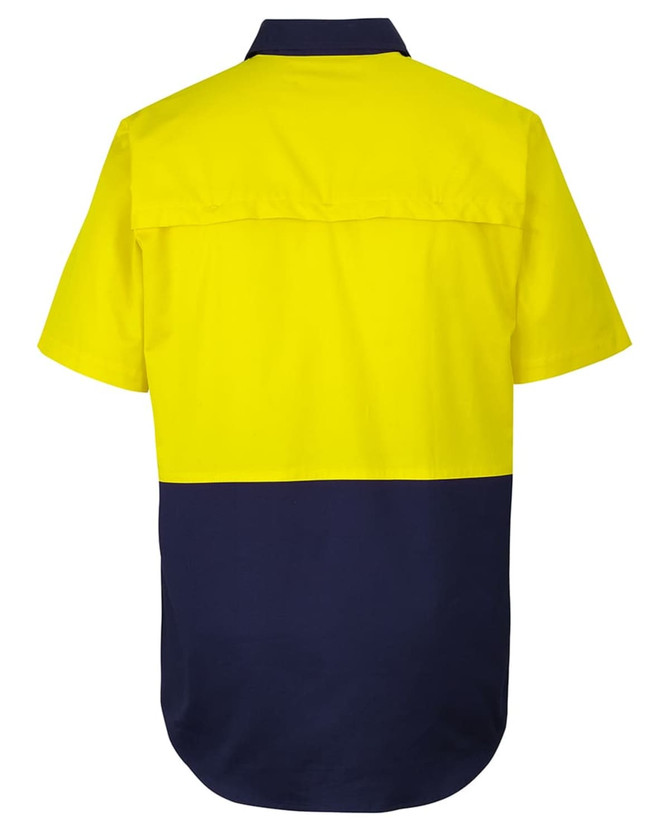 A short-sleeved work shirt in high-visibility yellow and navy blue, featuring a logo on the back.